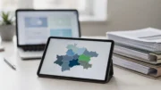 Tablet mit Schweiz-Karte, Laptop und Aktenordnern zum Firmenverzeichnis Schweiz