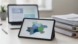 Tablet mit Schweiz-Karte, Laptop und Aktenordnern zum Firmenverzeichnis Schweiz