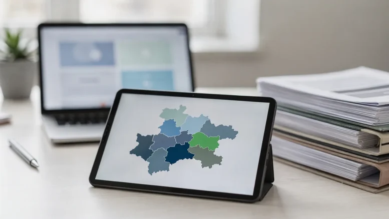 Tablet mit Schweiz-Karte, Laptop und Aktenordnern zum Firmenverzeichnis Schweiz